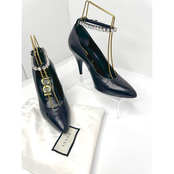 Gucci Ankle Crystal-Embellished Black Leather Pointed-Toe Pumps 36.5 - Picture 13 of 13